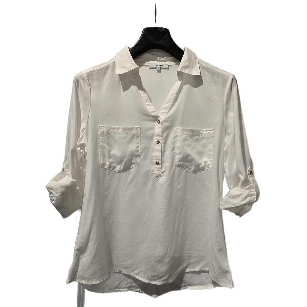 Love Tree White Linen Blend Roll Tab Sleeve Button Up Blouse Small